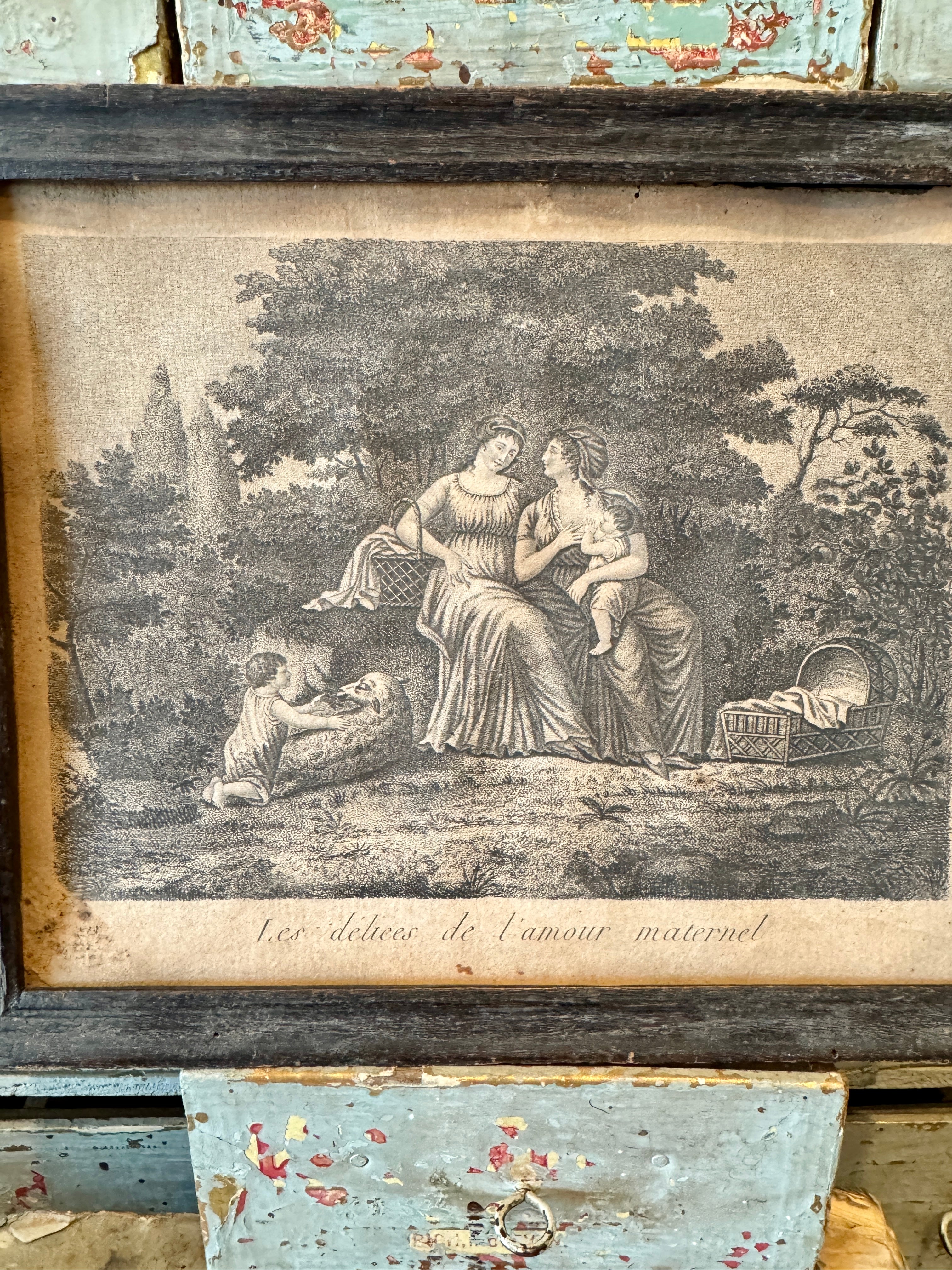 Antique 1700s French Framed Engraving - Mothers Love