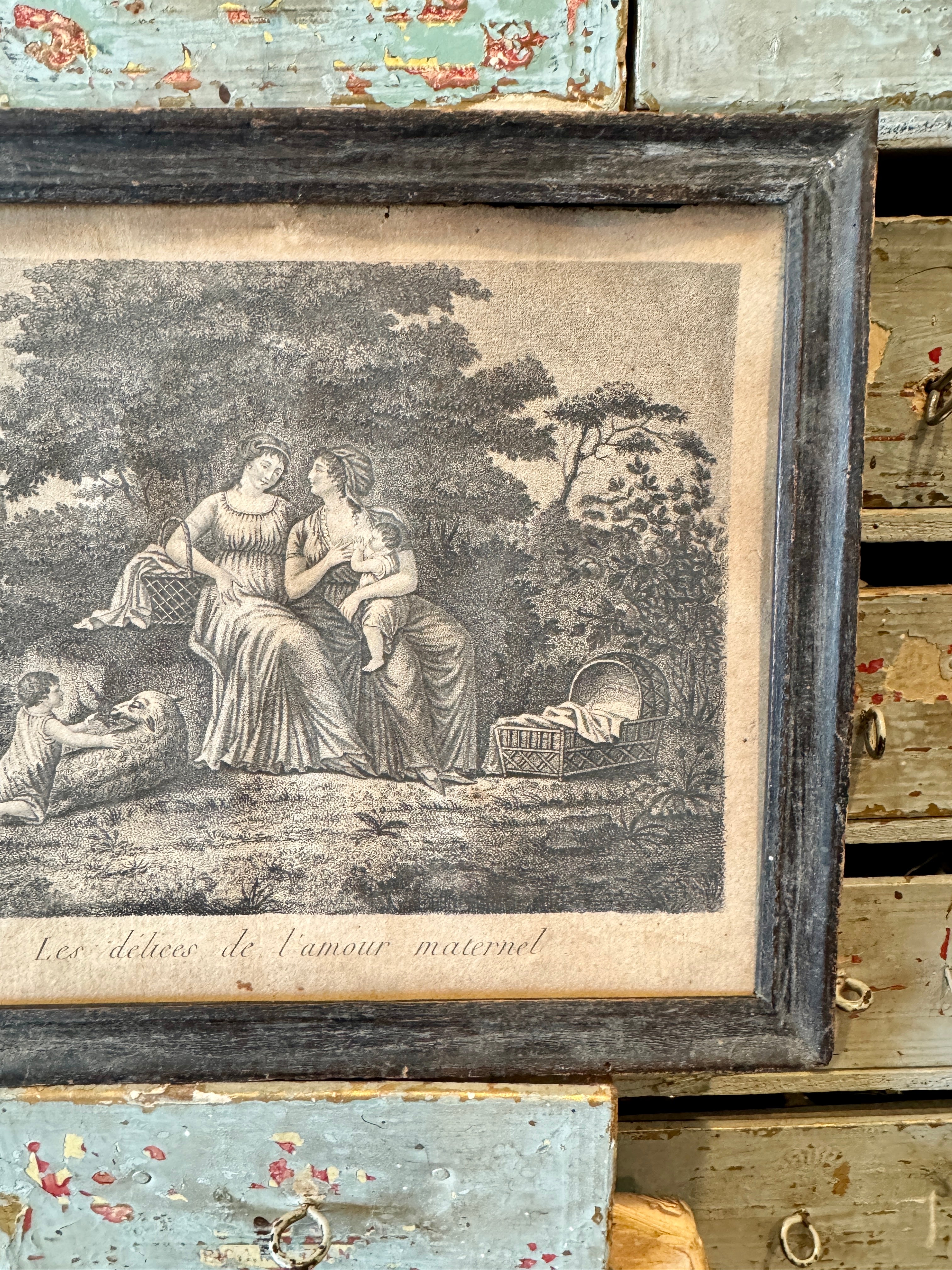 Antique 1700s French Framed Engraving - Mothers Love