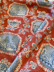 Beautiful Vintage French Red and Blue Cotton Toile