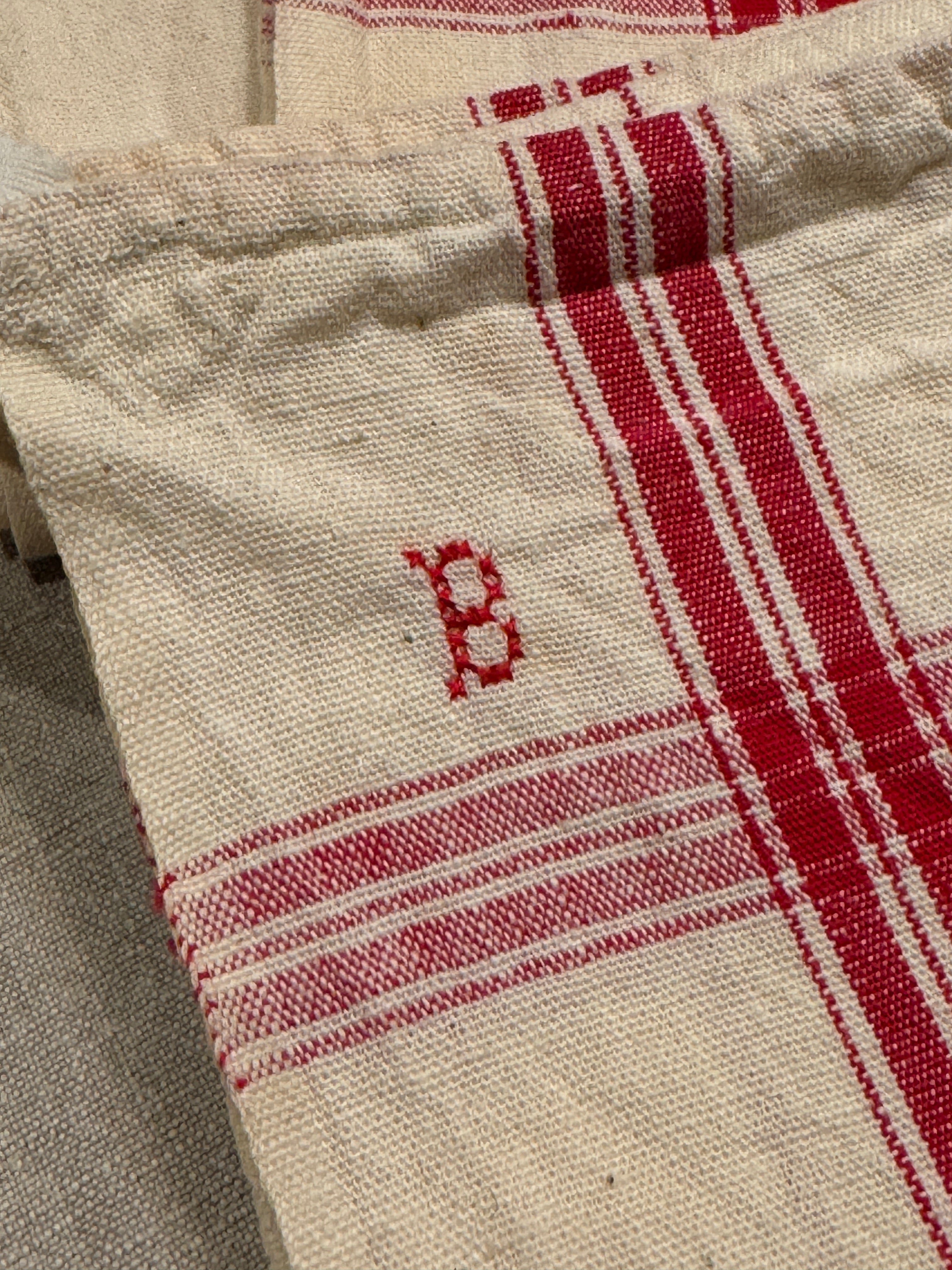 Antique Linen/Hemp Red Striped Torchon from the Farm Stitched B