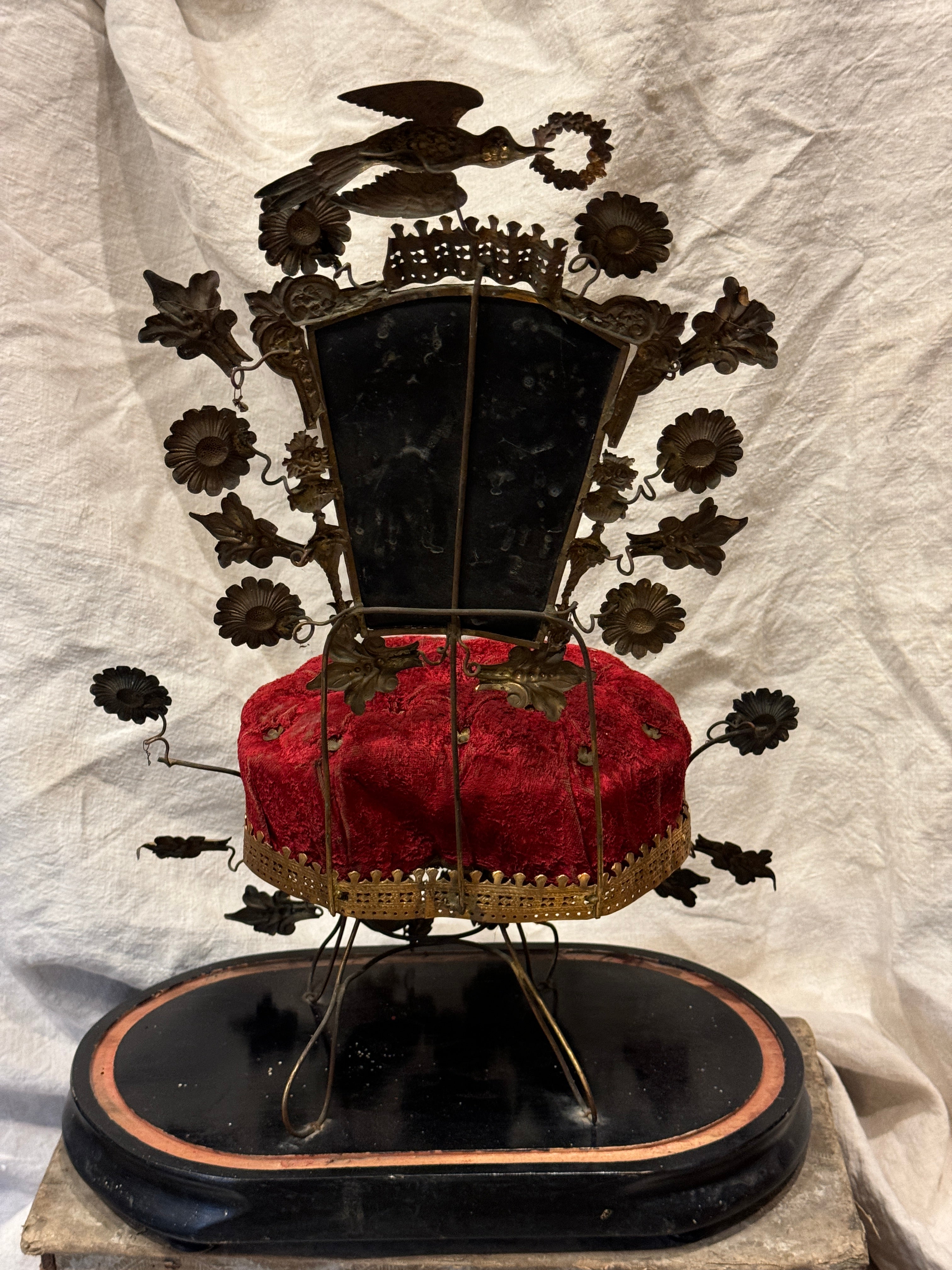 Antique 1800's French Red Velvet Cushion Wedding Stand Globe De Mariee'