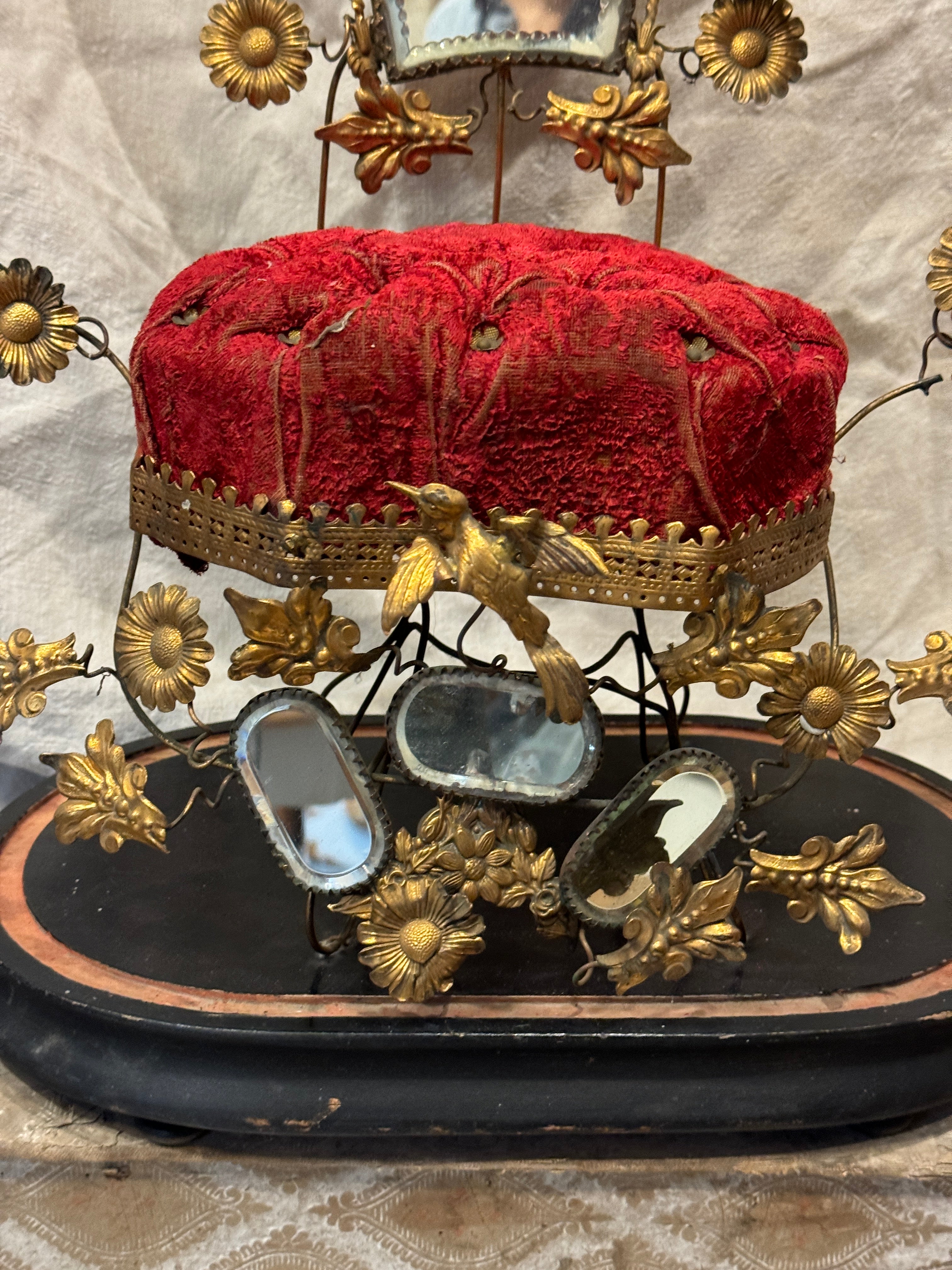 Antique 1800's French Red Velvet Cushion Wedding Stand Globe De Mariee'