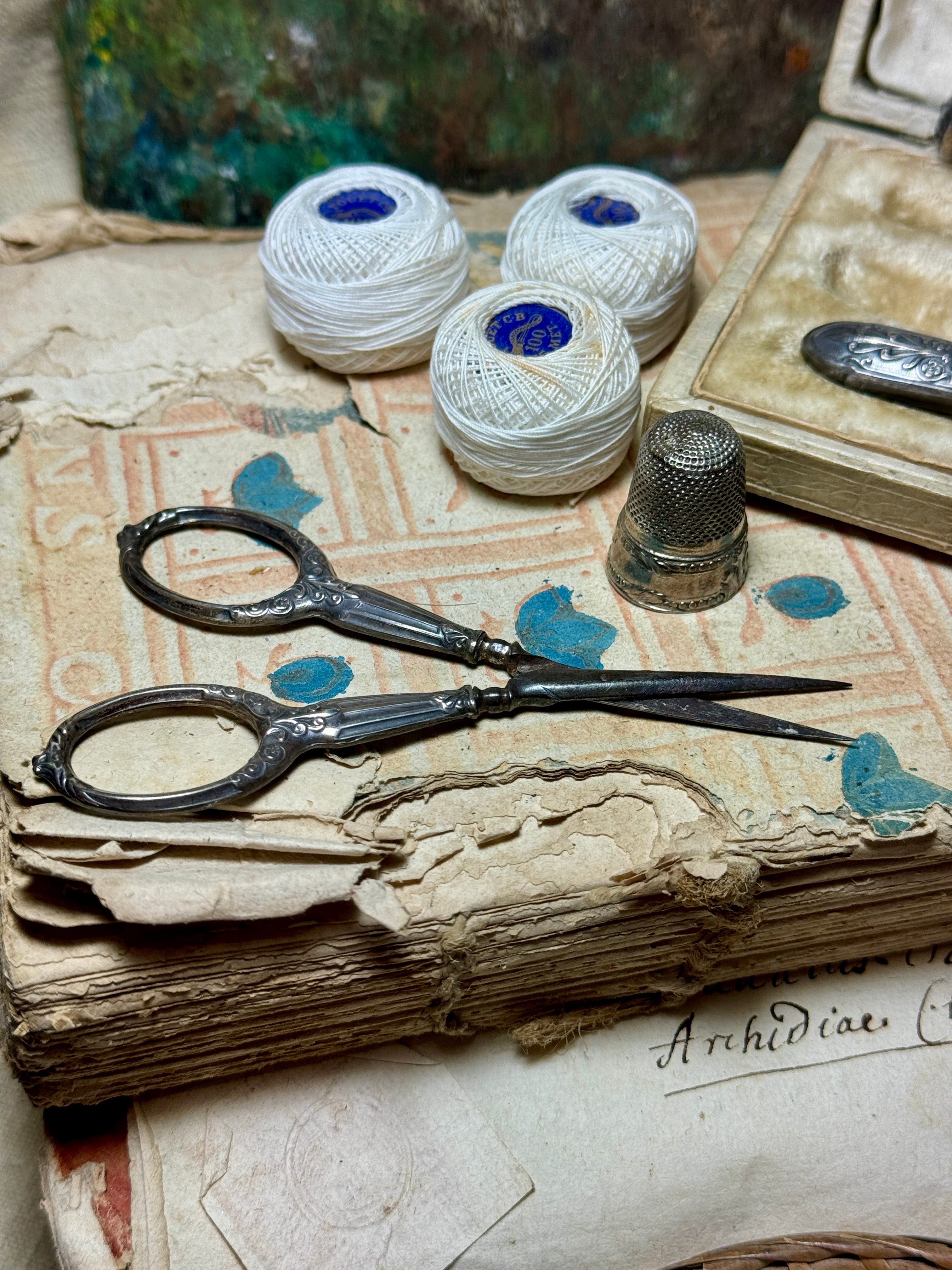 Antique 1800's French Silver Sewing Kit Original Box