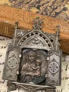 Antique French Silver Plated Catholic Triptych Chapel