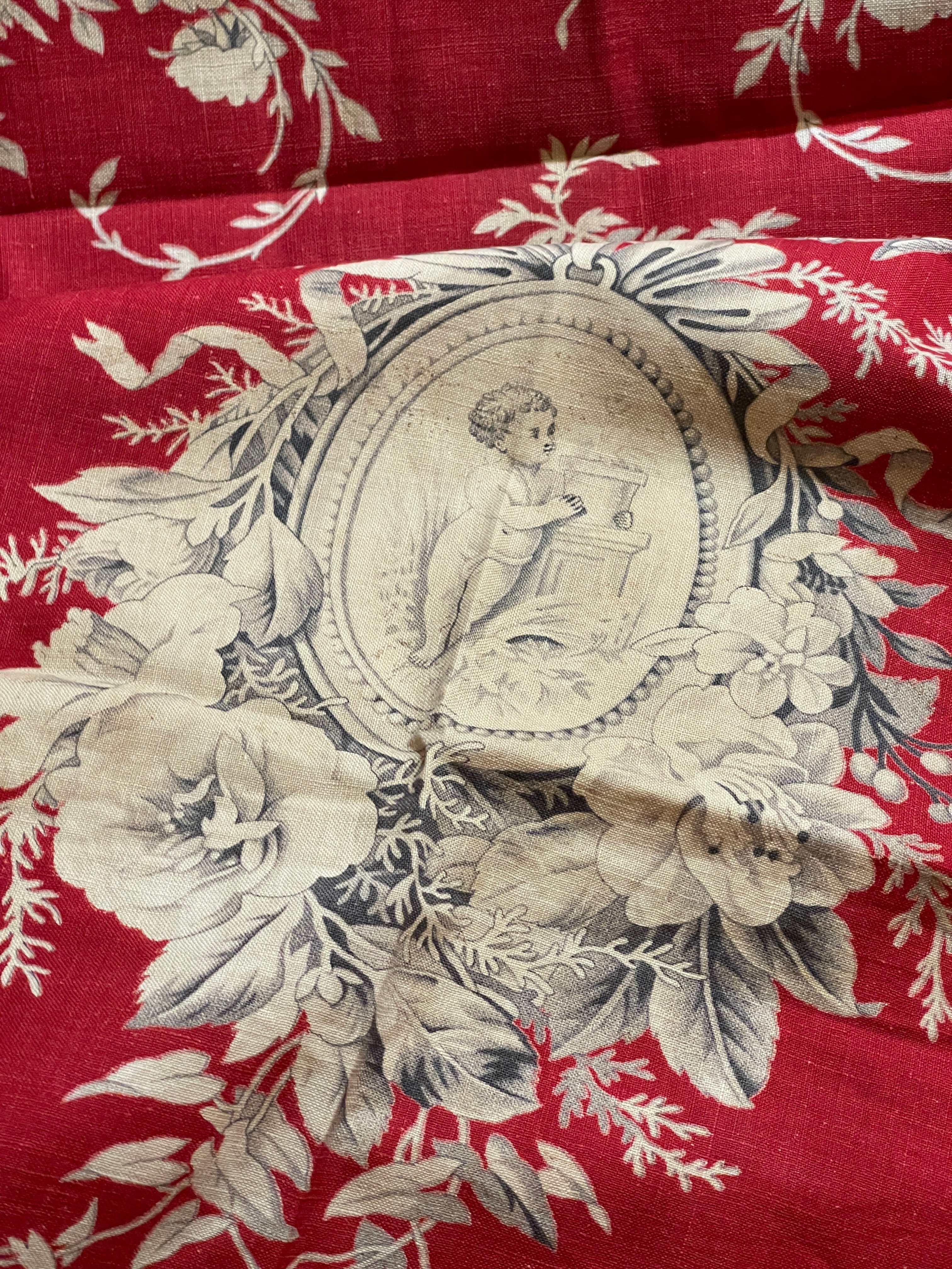 Beautiful 1800's French Printed Cotton Morceau with Cherubs