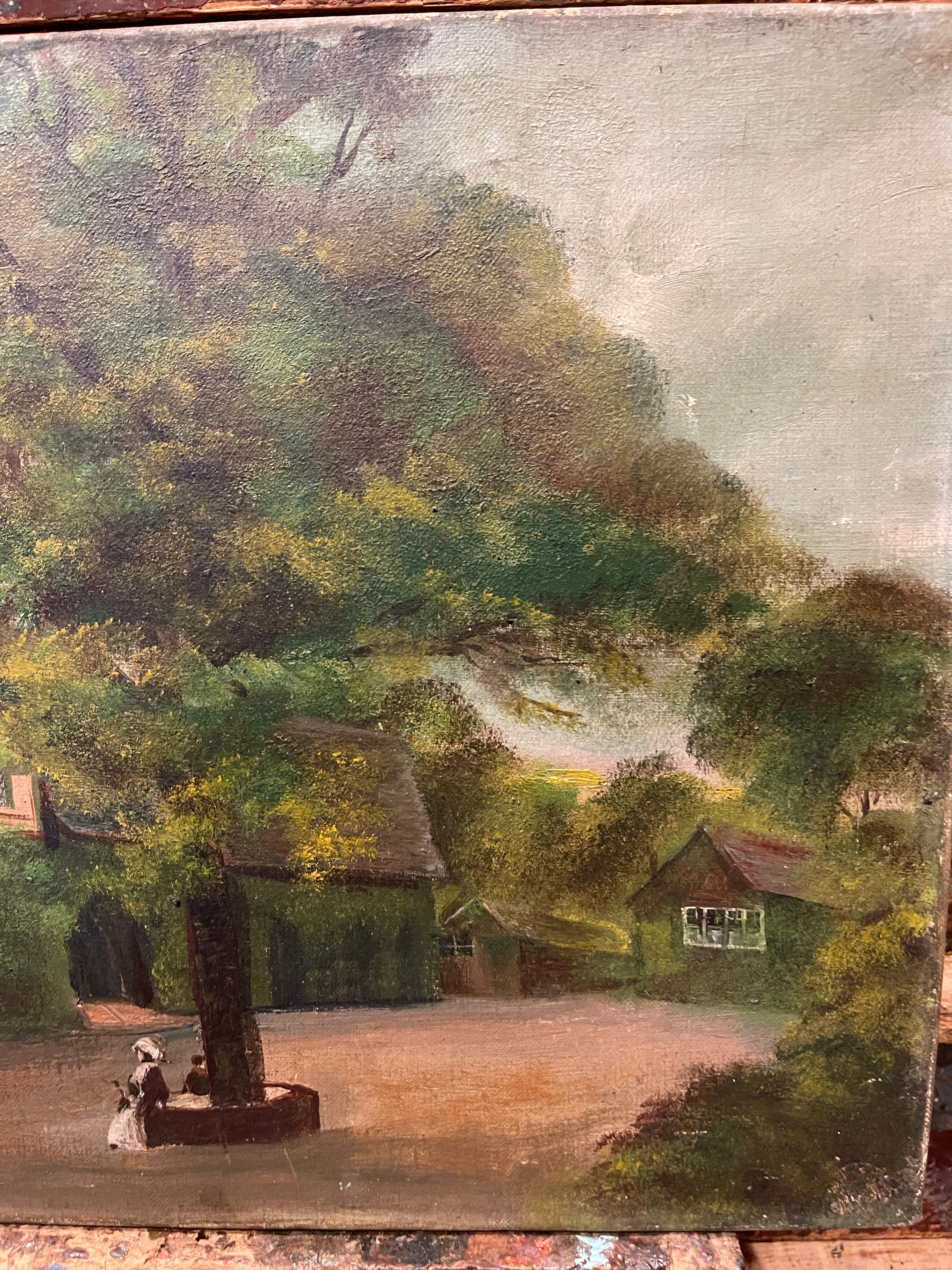 Original Antique English Oil Painting On Canvas - Naive Style Park Scene