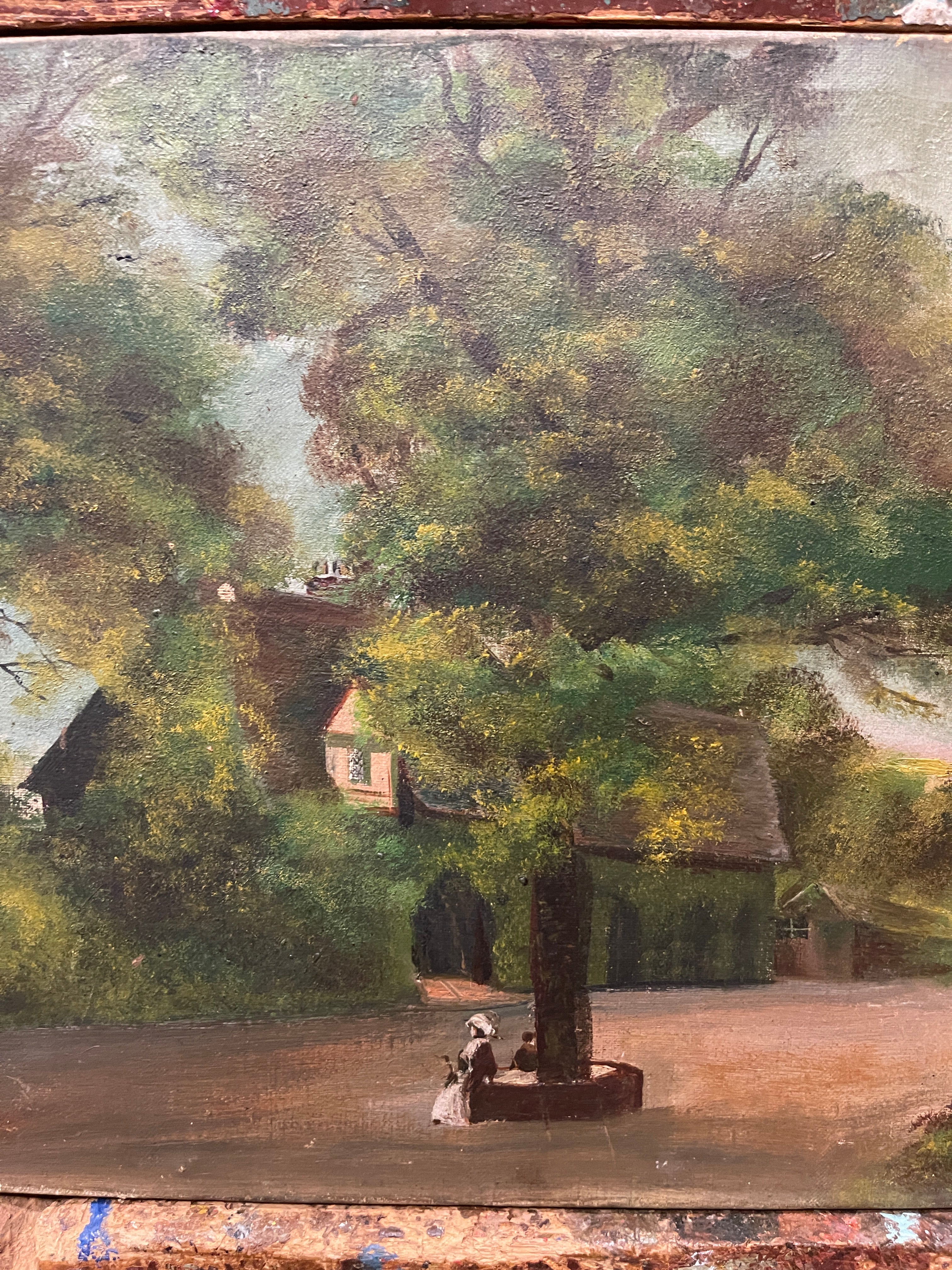 Original Antique English Oil Painting On Canvas - Naive Style Park Scene