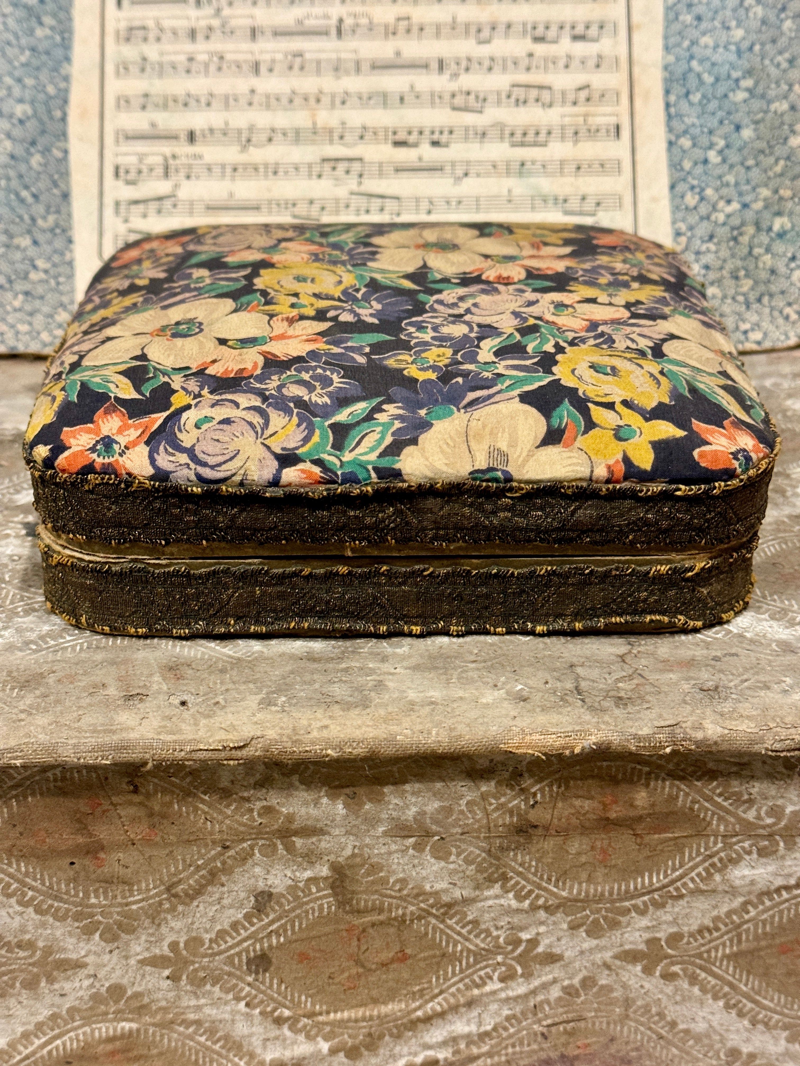 Antique 1800's  French Fabric Box with Metalic Gold Trim