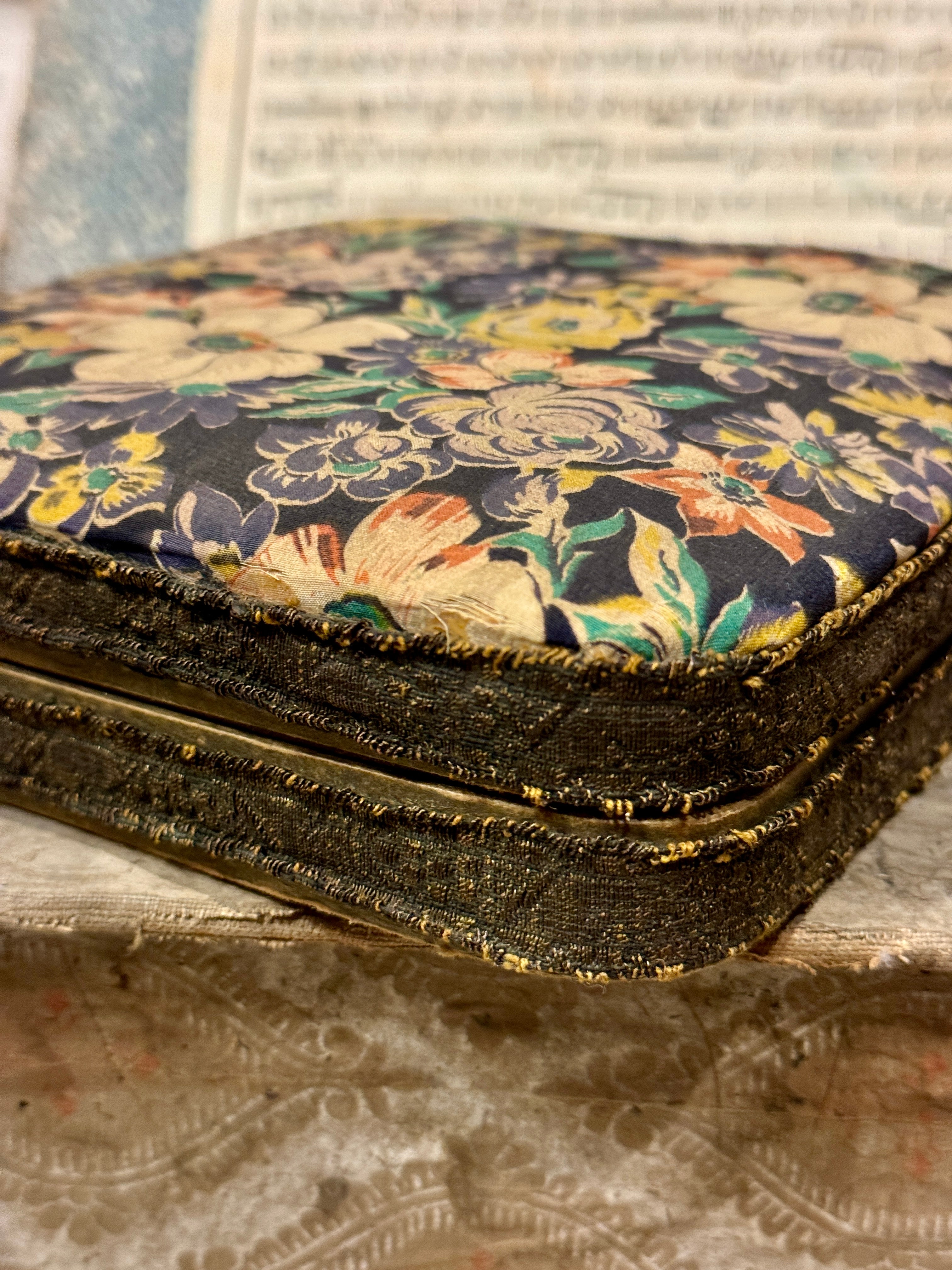 Antique 1800's  French Fabric Box with Metalic Gold Trim