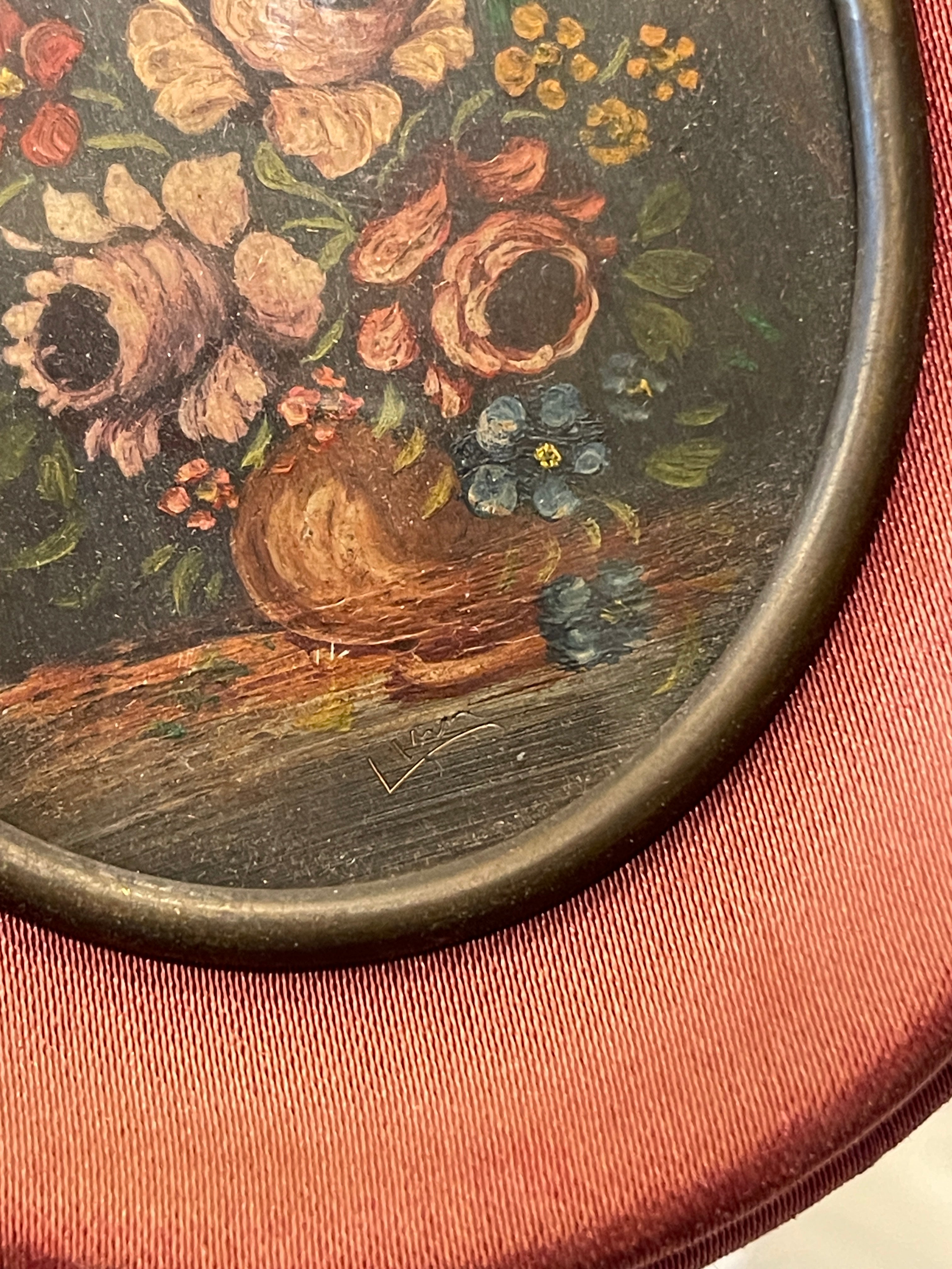 Antique French Miniature Framed Oval Floral late 1800's