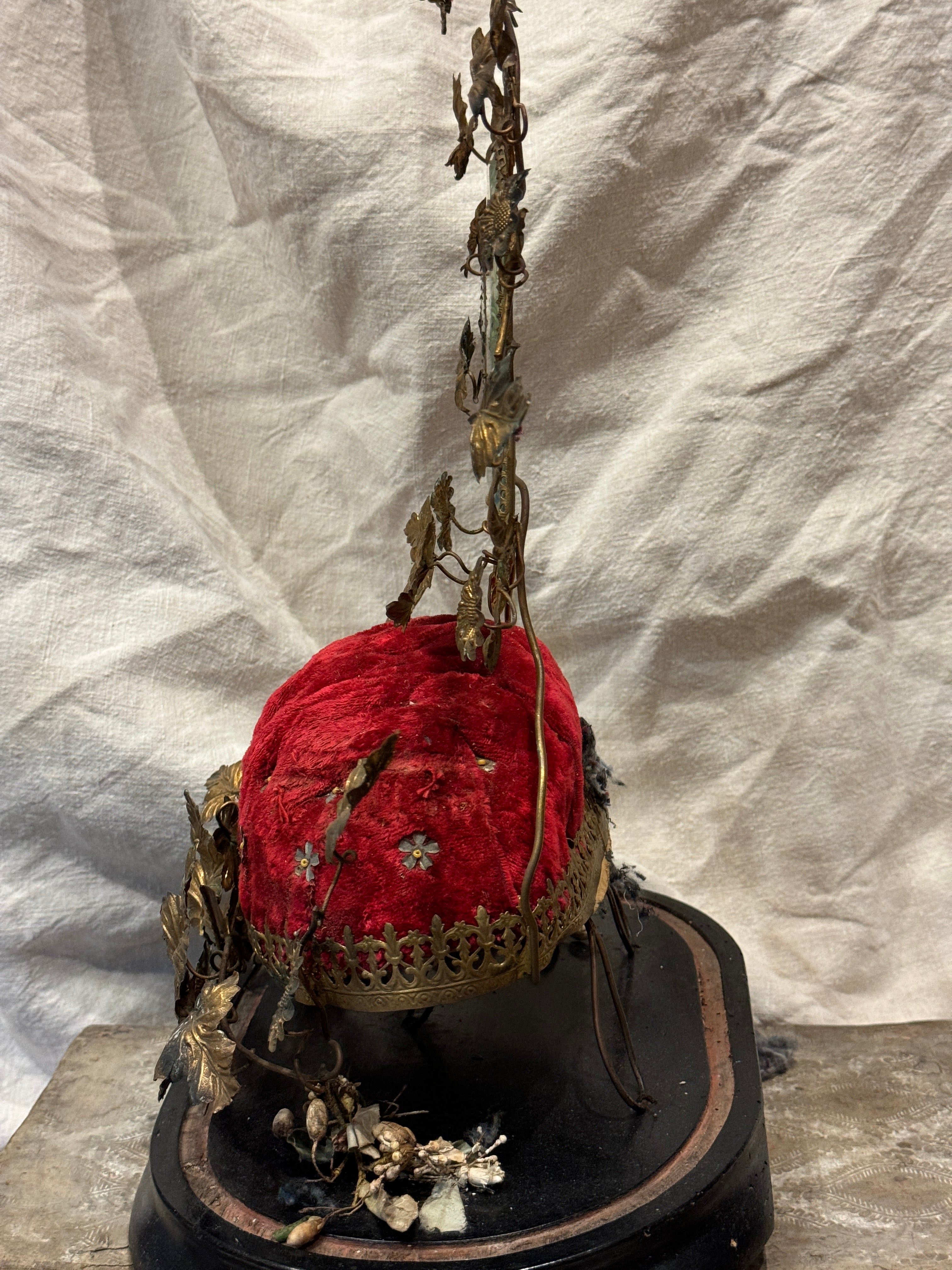 Antique 1800's French Globe De Mariee' Wedding Stand With Red Velvet Cushion