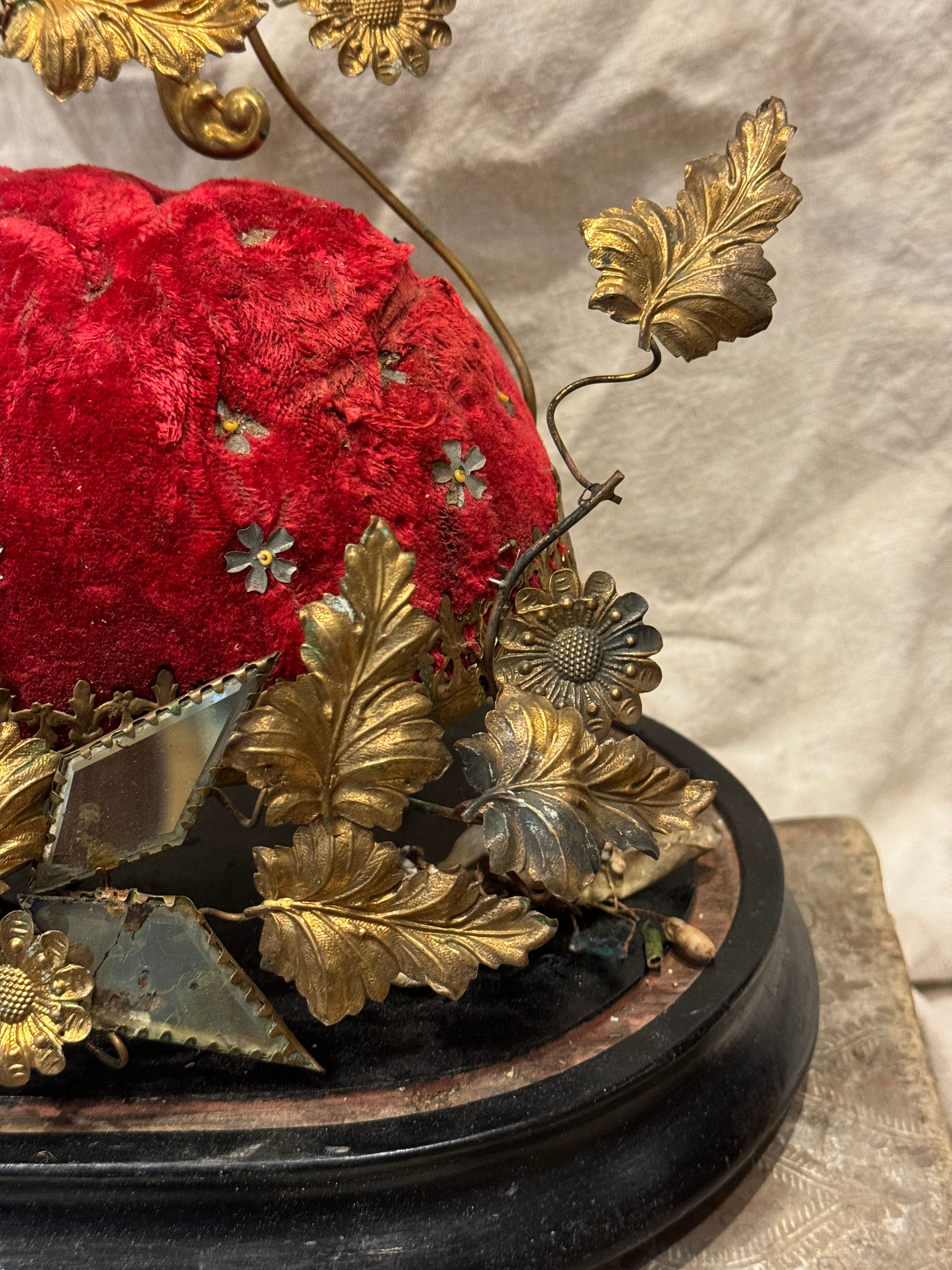 Antique 1800's French Globe De Mariee' Wedding Stand With Red Velvet Cushion