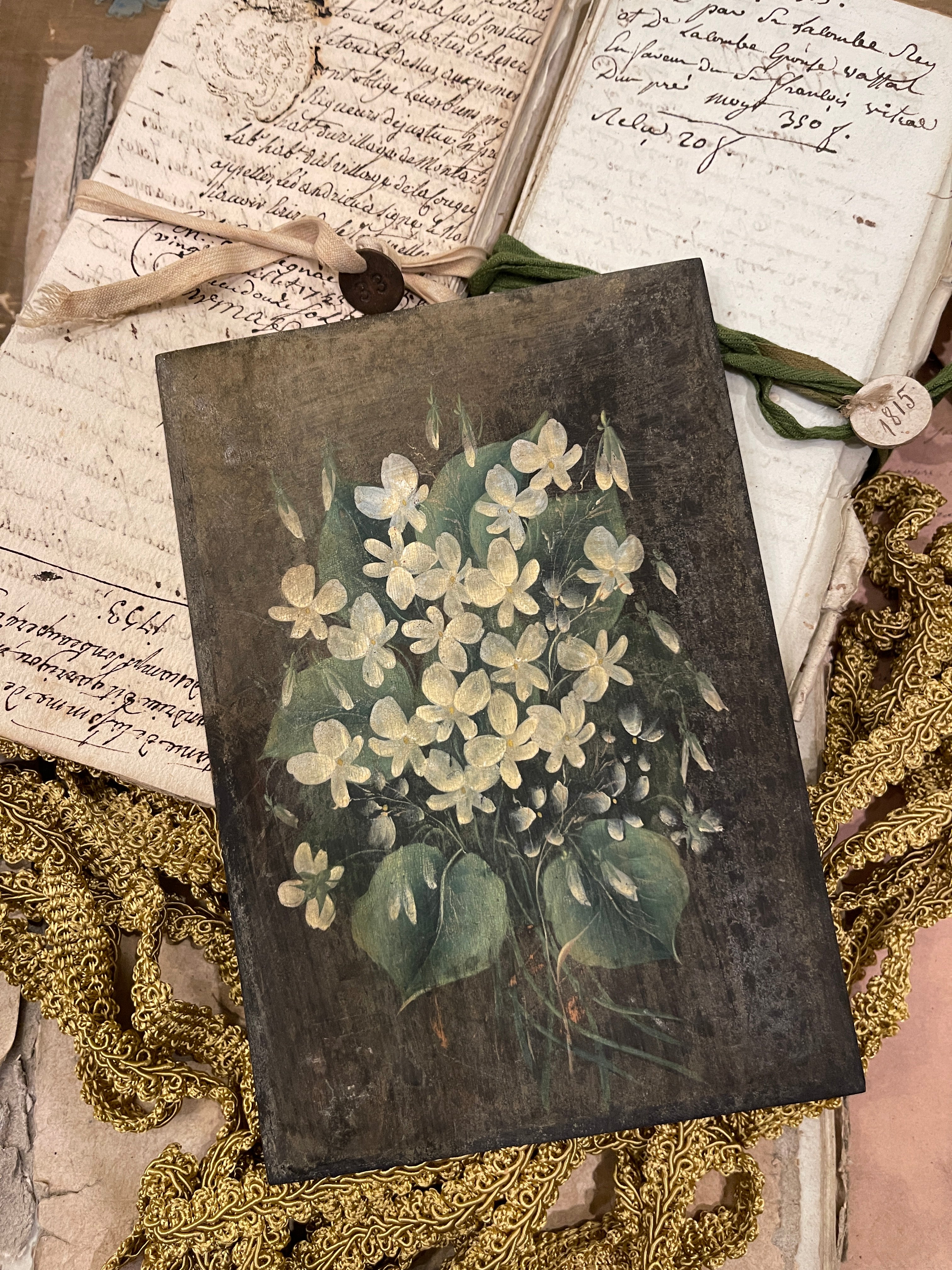 Antique French White Violets Wood Panel Painting