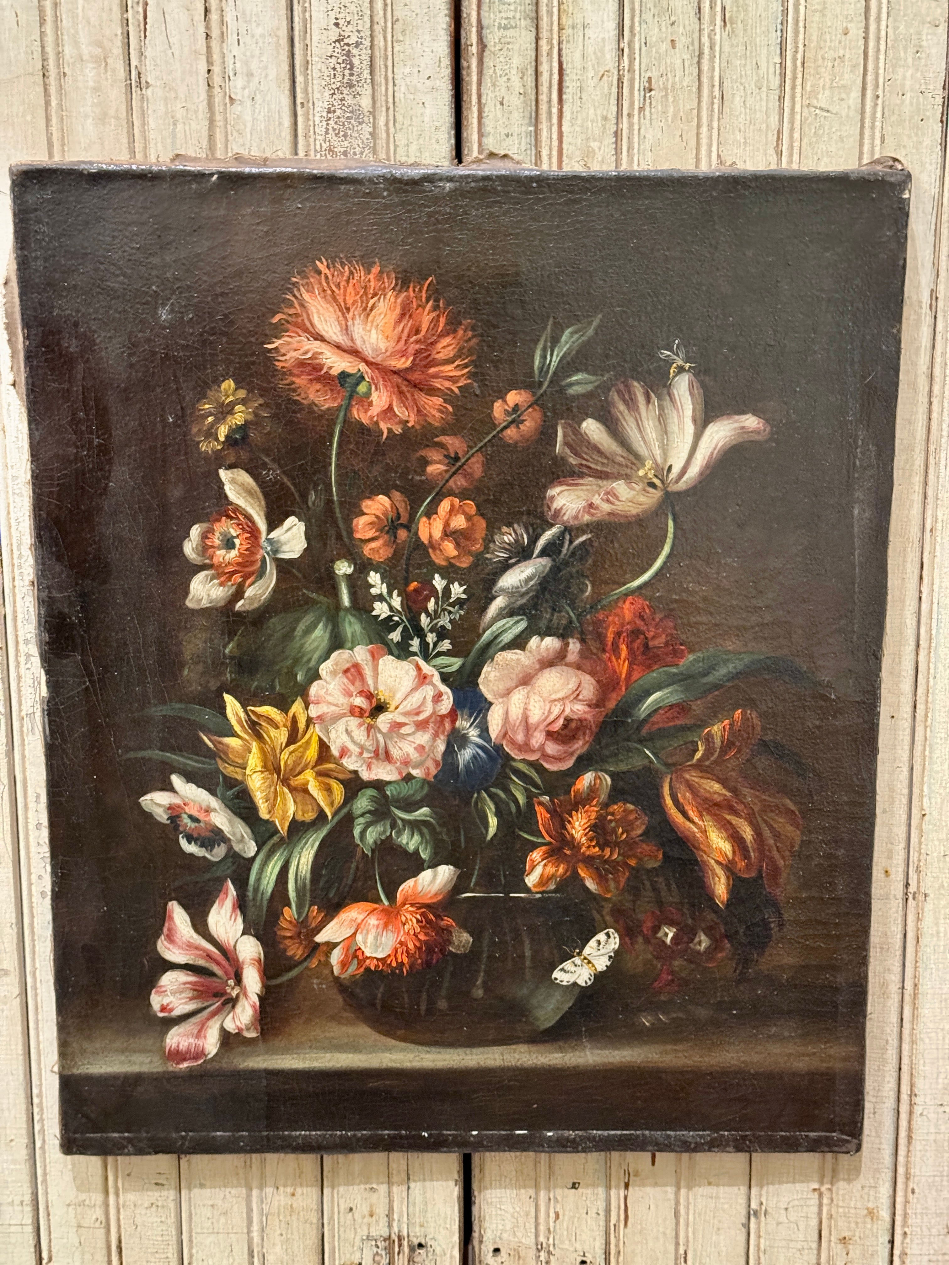 Original 1800s Antique French Still Life Florals on Canvas