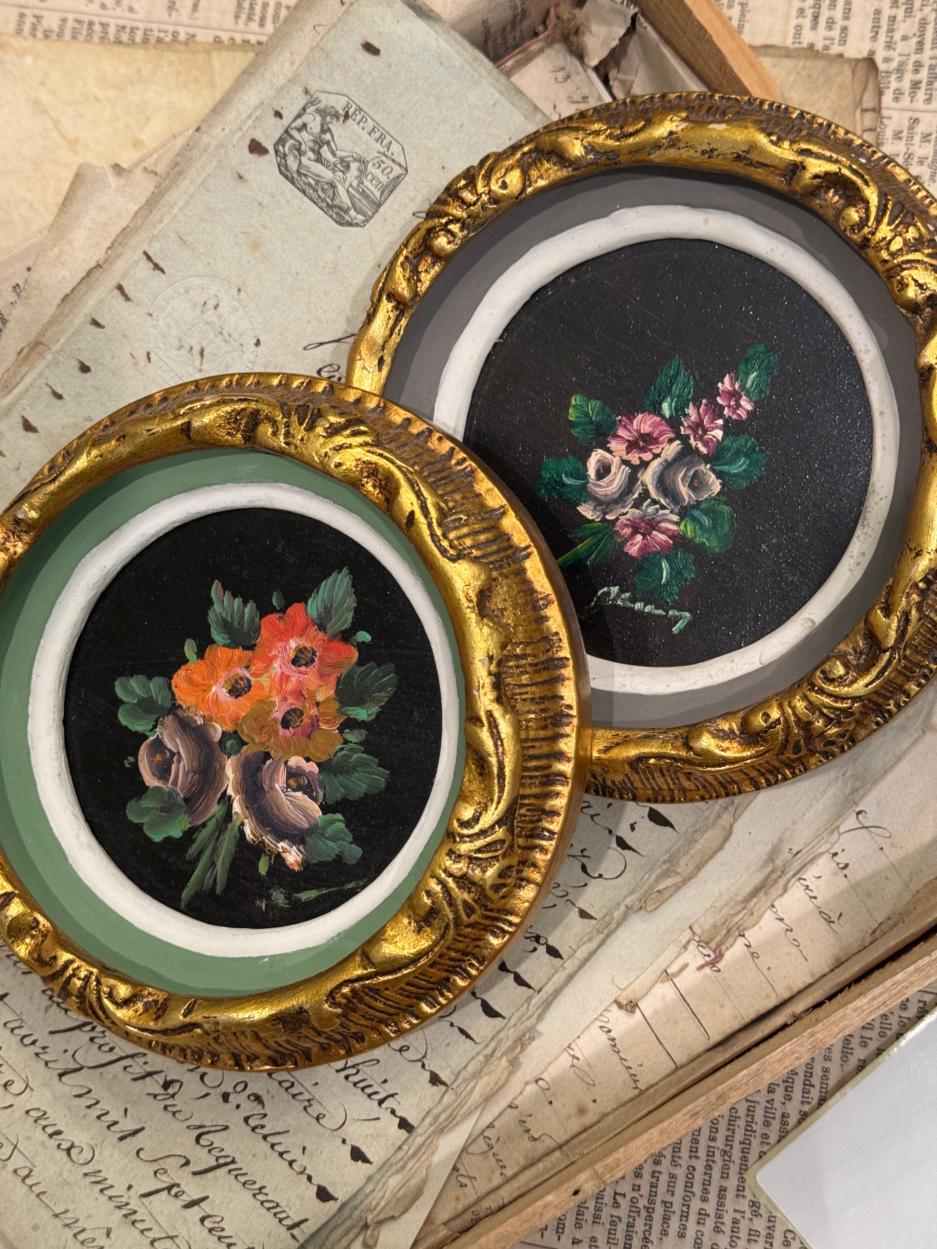 Lovely French Botanical Miniature Oil Paintings