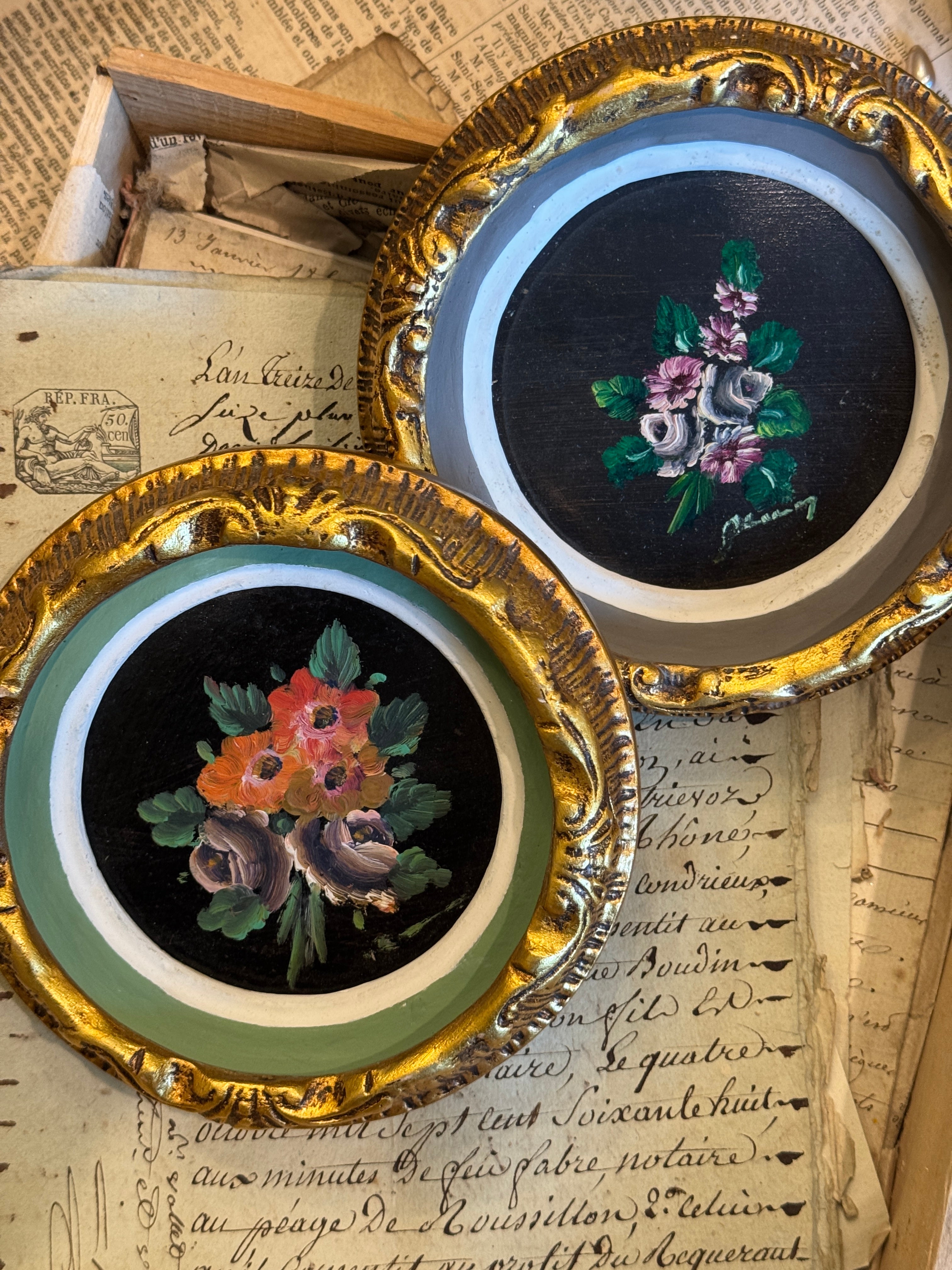 Lovely French Botanical Miniature Oil Paintings