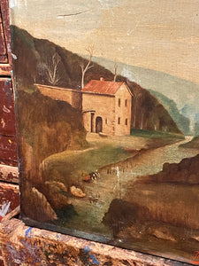 Original Antique French Landscape Oil Painting on Board - 1800's