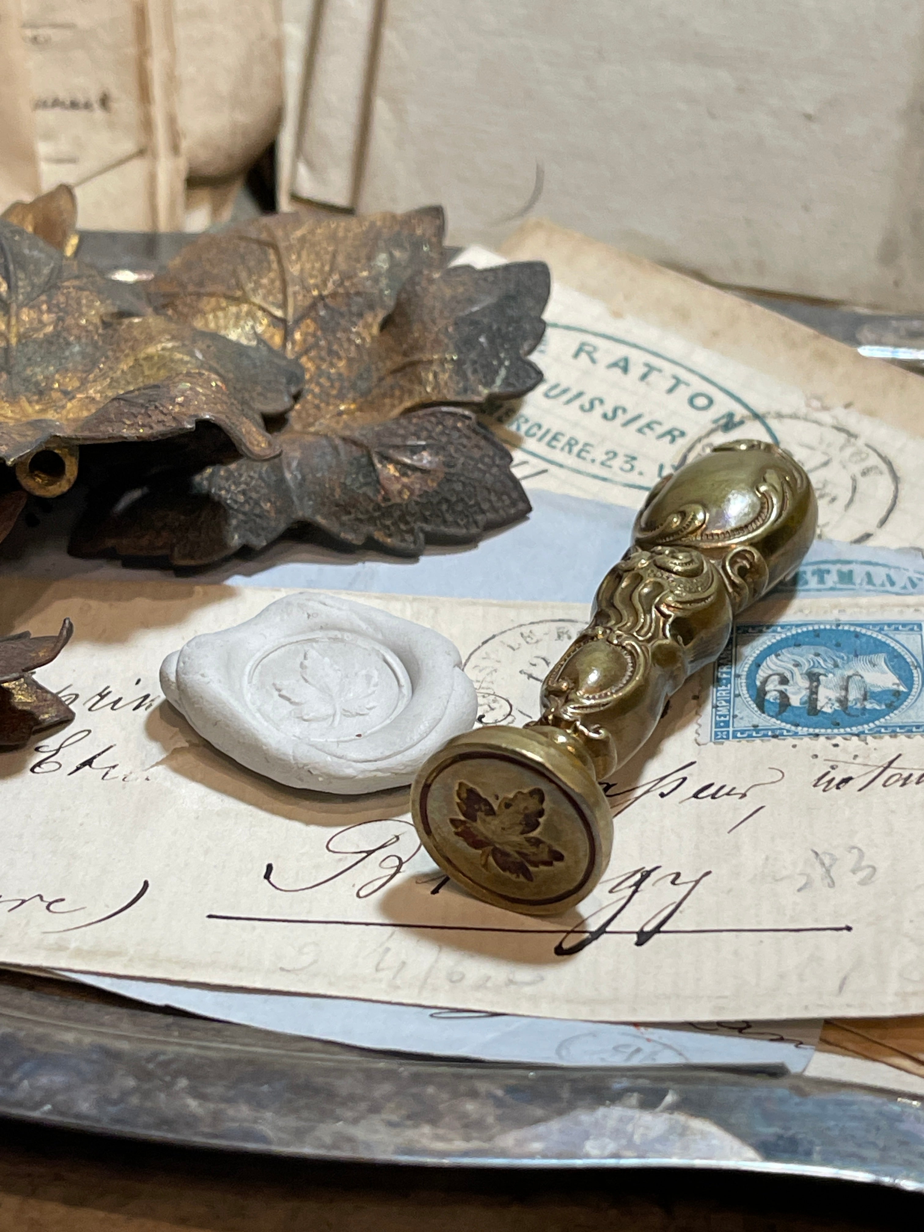 Antique Art Nouveau Brass Maple Seal