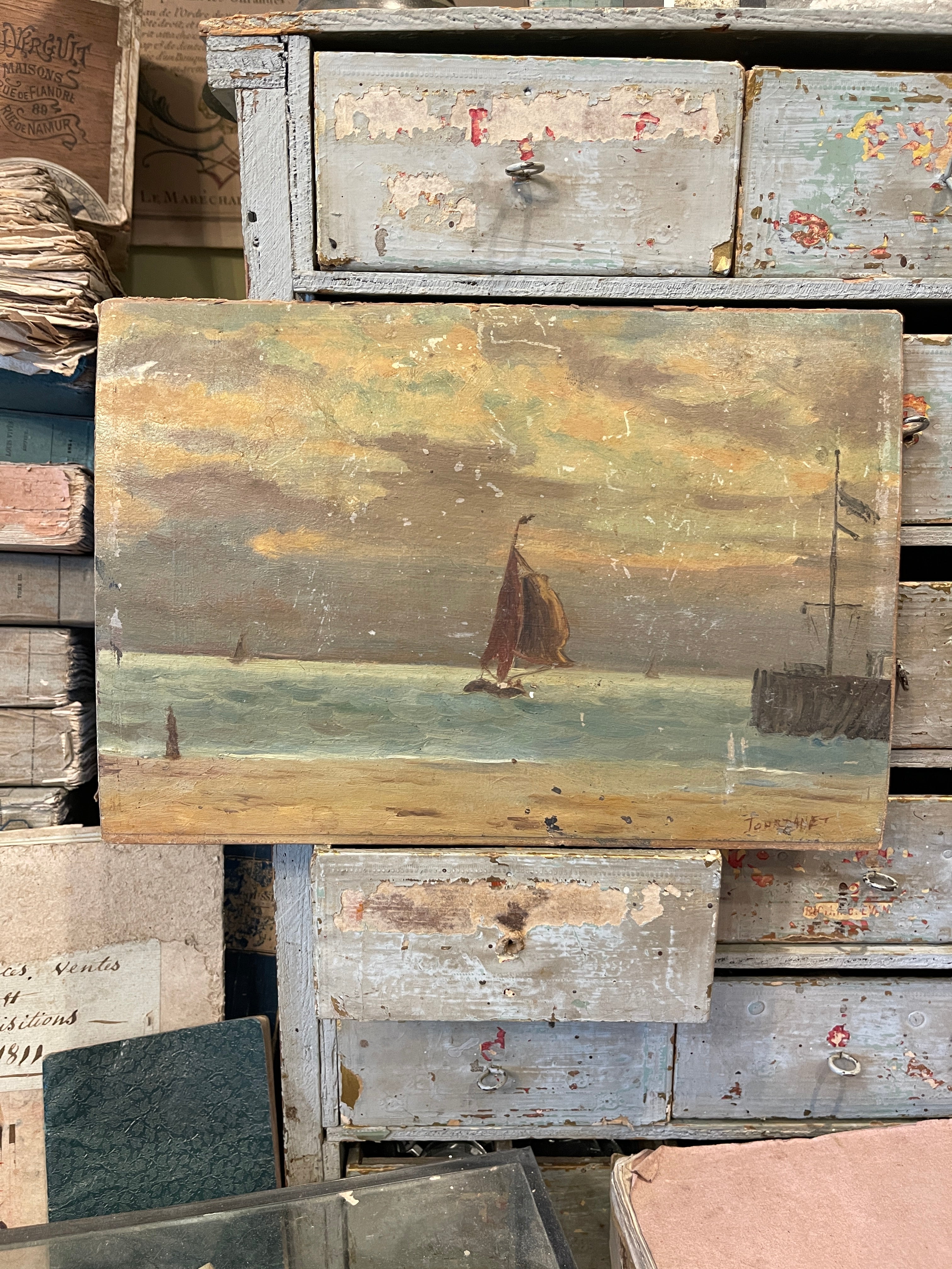 Original Antique French Nautical Oil Painting