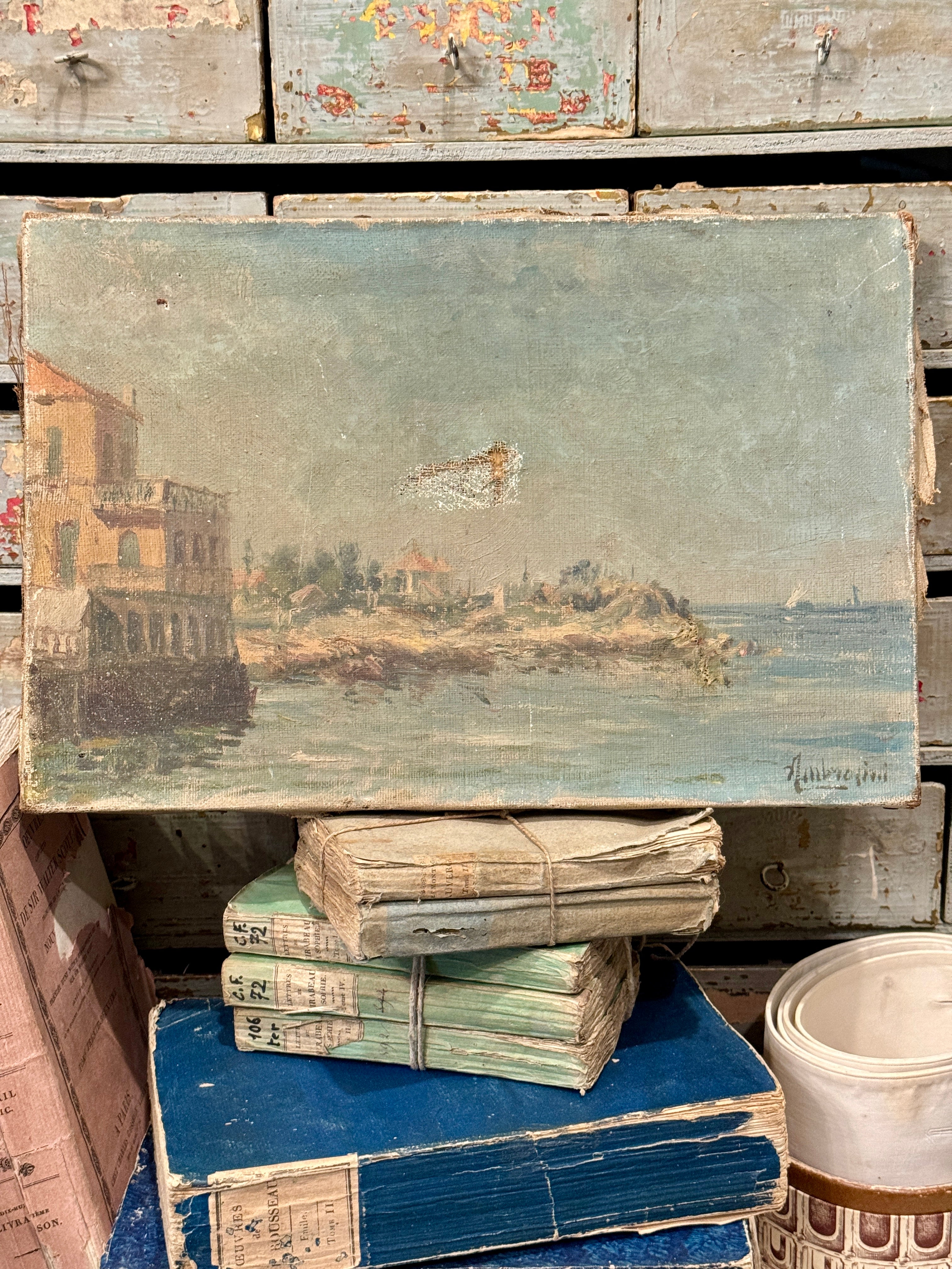 1800's Antique French Mended Seascape on Canvas