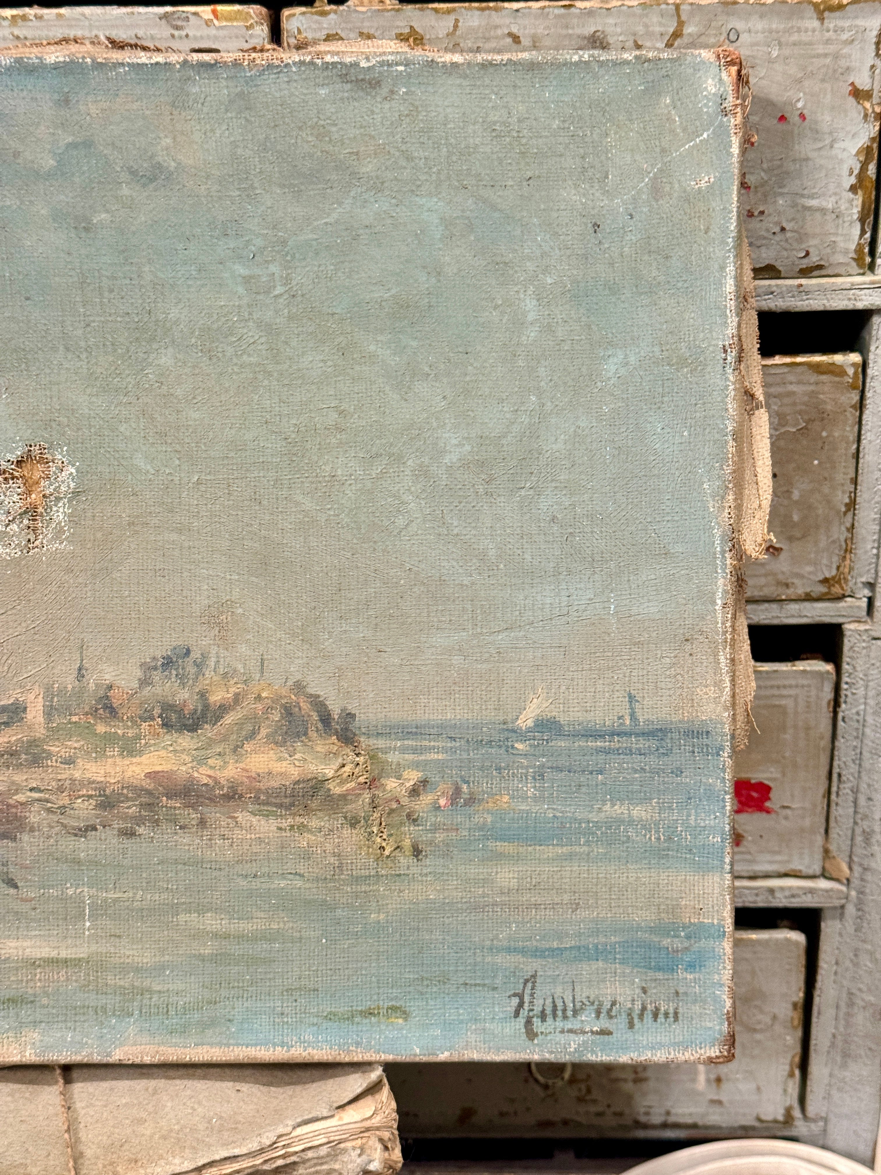 1800's Antique French Mended Seascape on Canvas