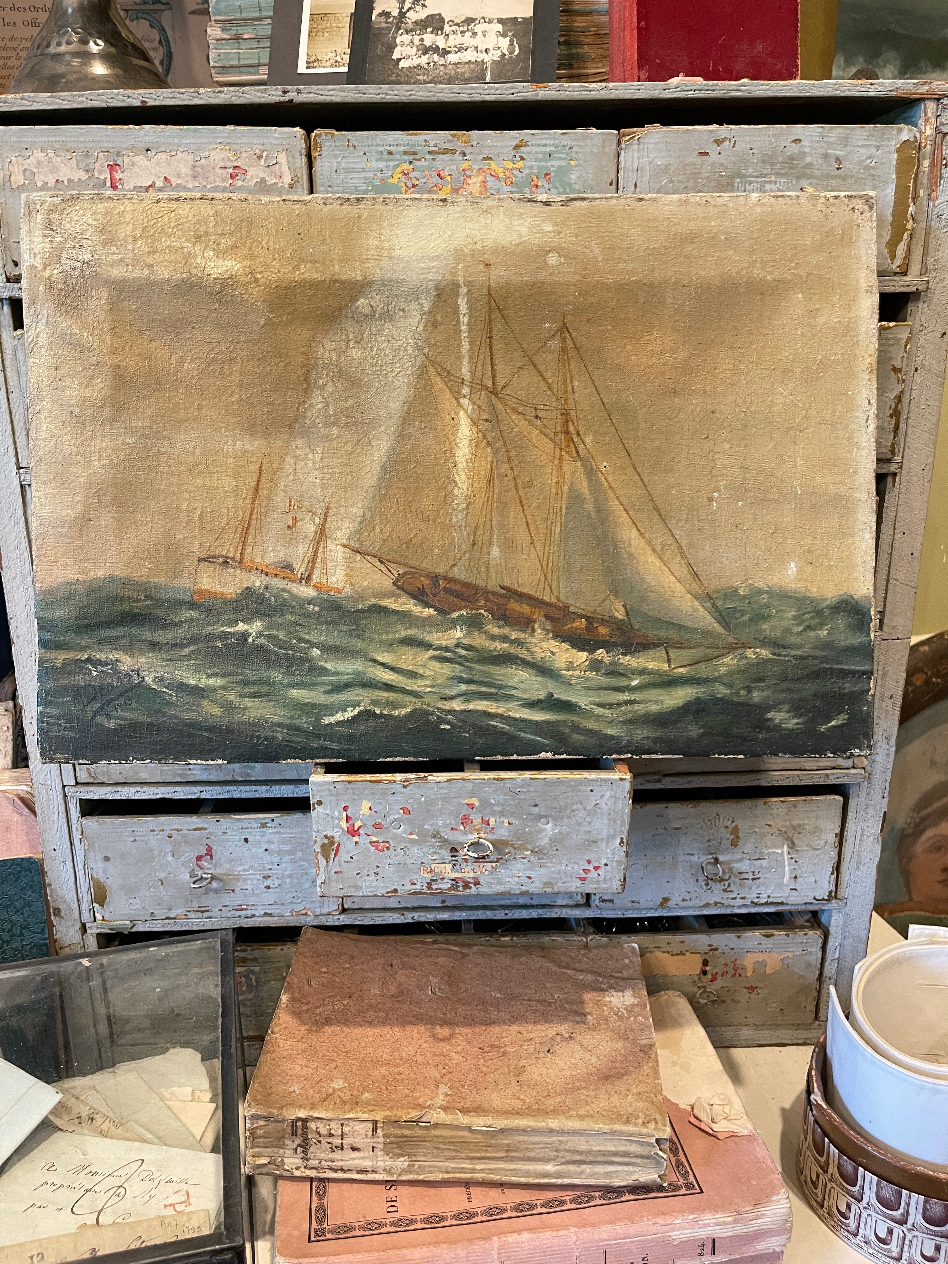 Original Antique French Nautical Oil Painting Dated 1913