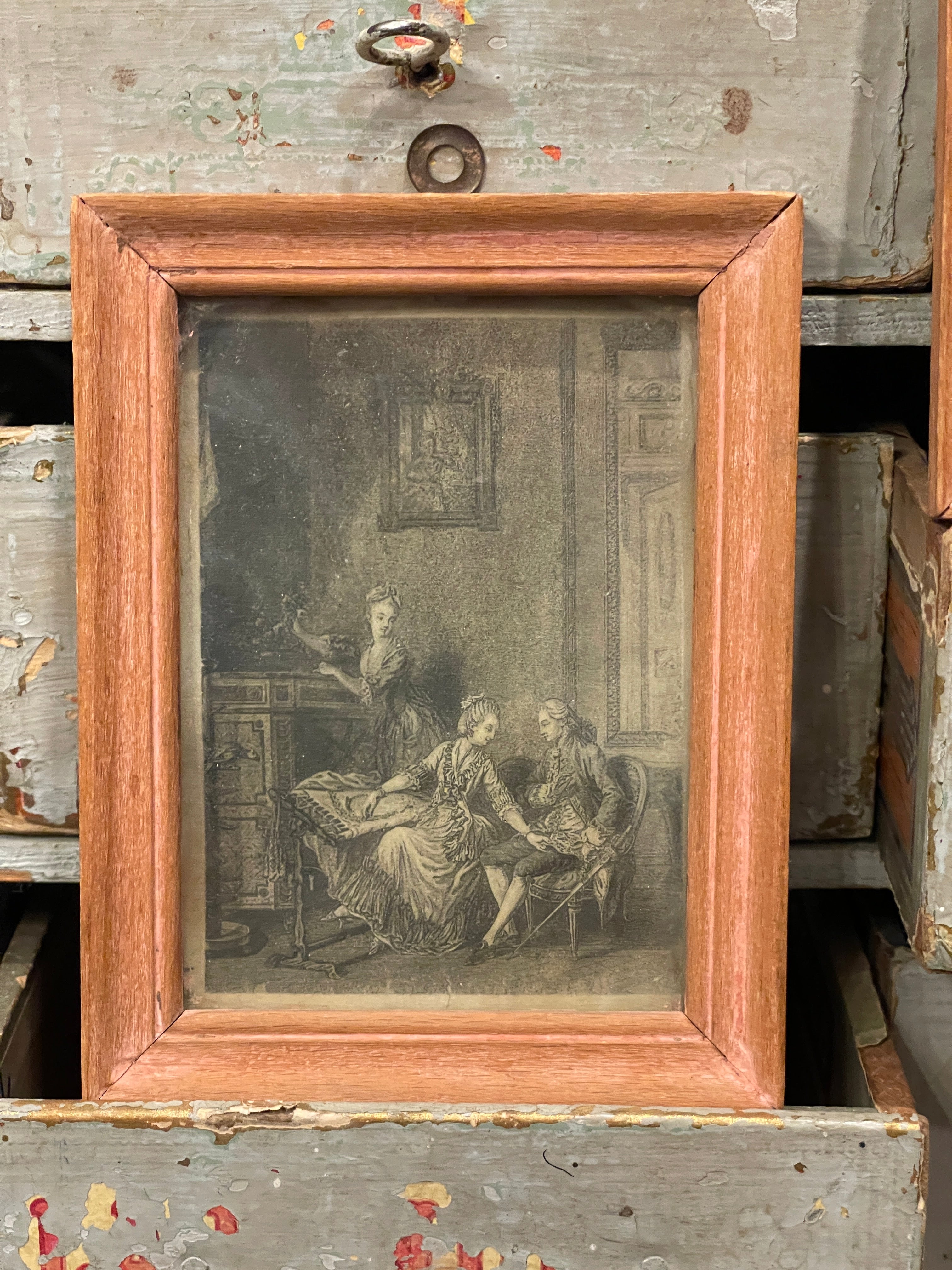 Antique French Miniature Pink Framed Engravings