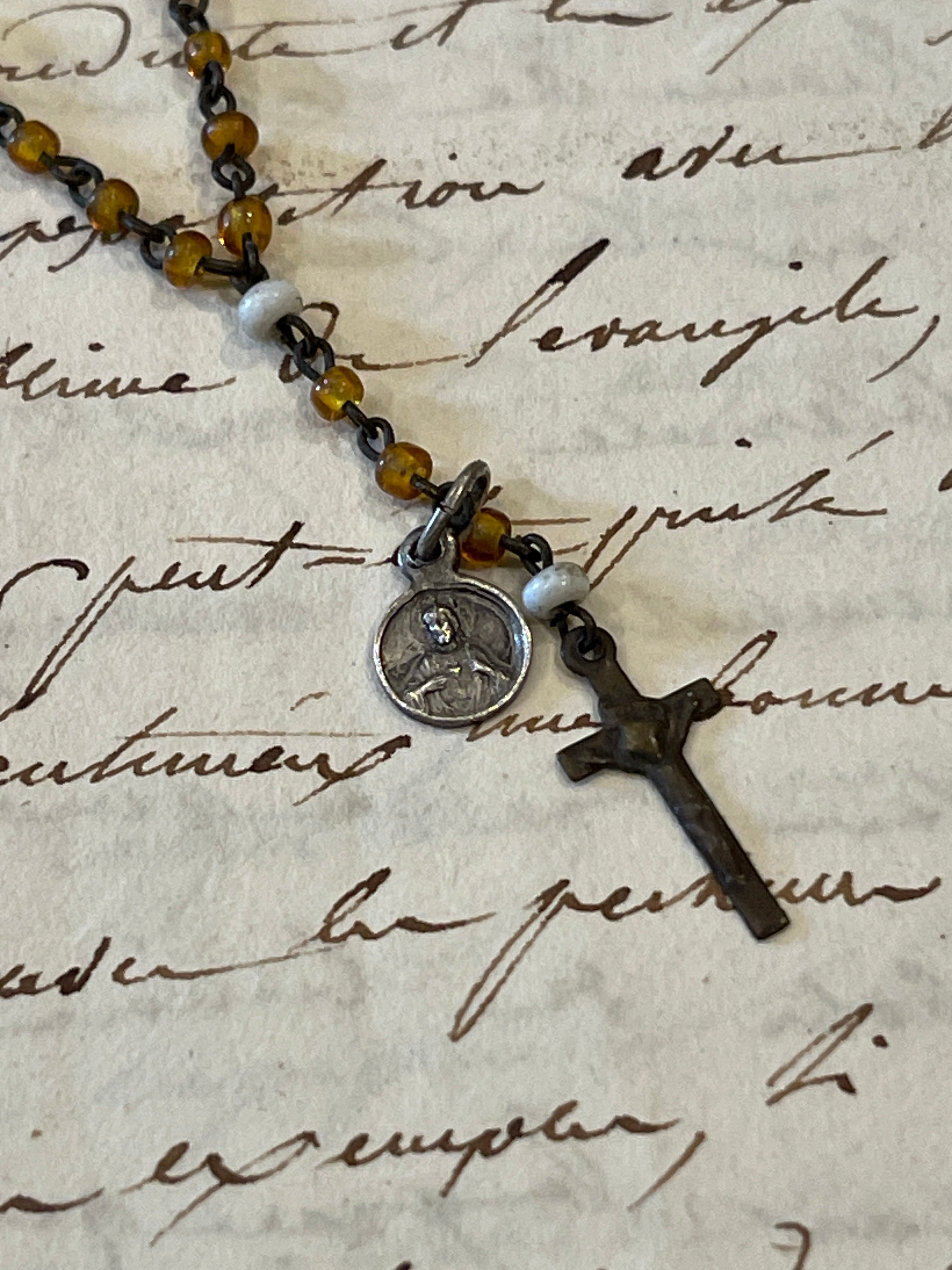 Tiny Antique French Rosary with extra medal - ROS6