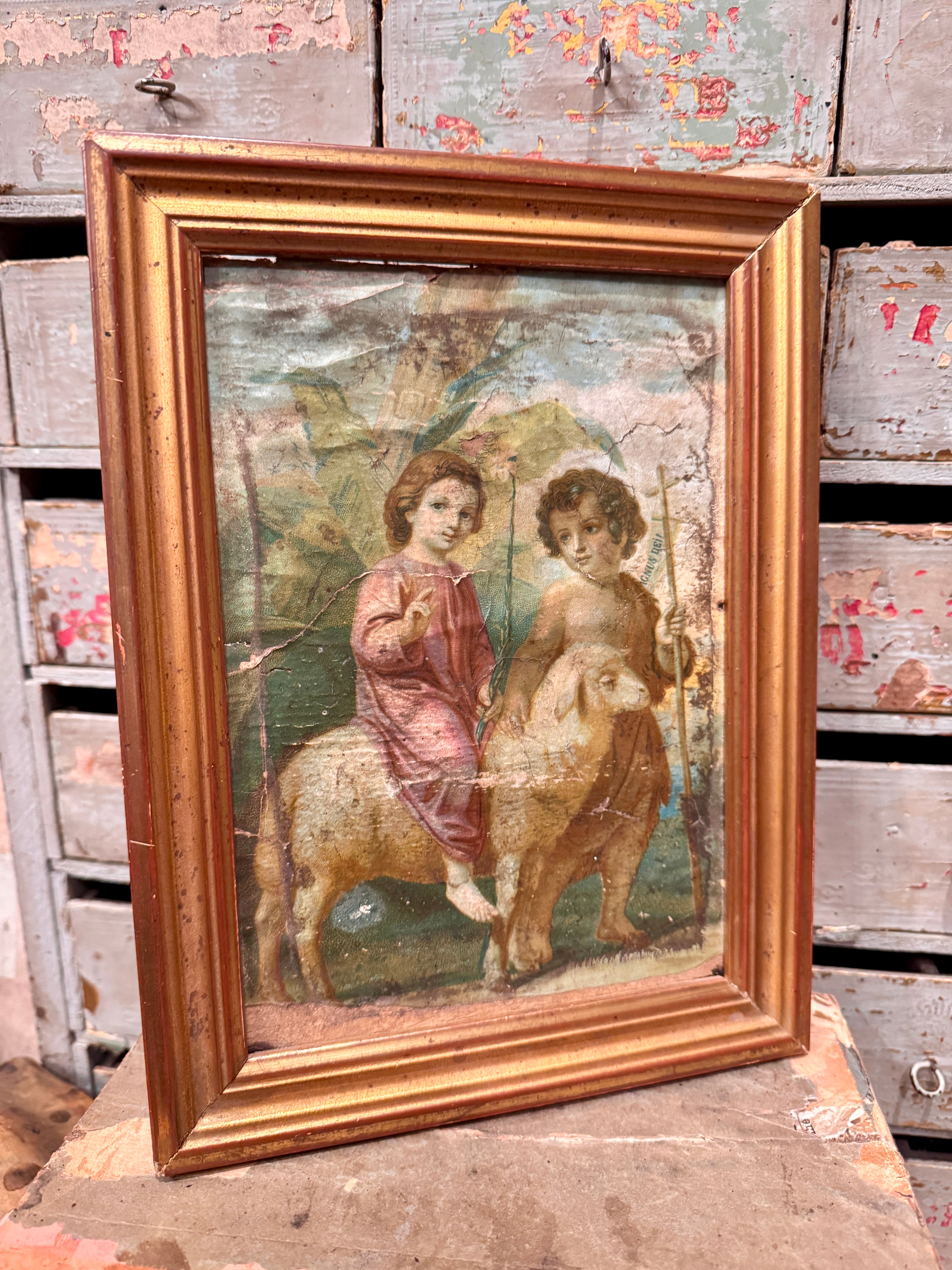 Antique French Agnes Dei Gilt Framed Picture