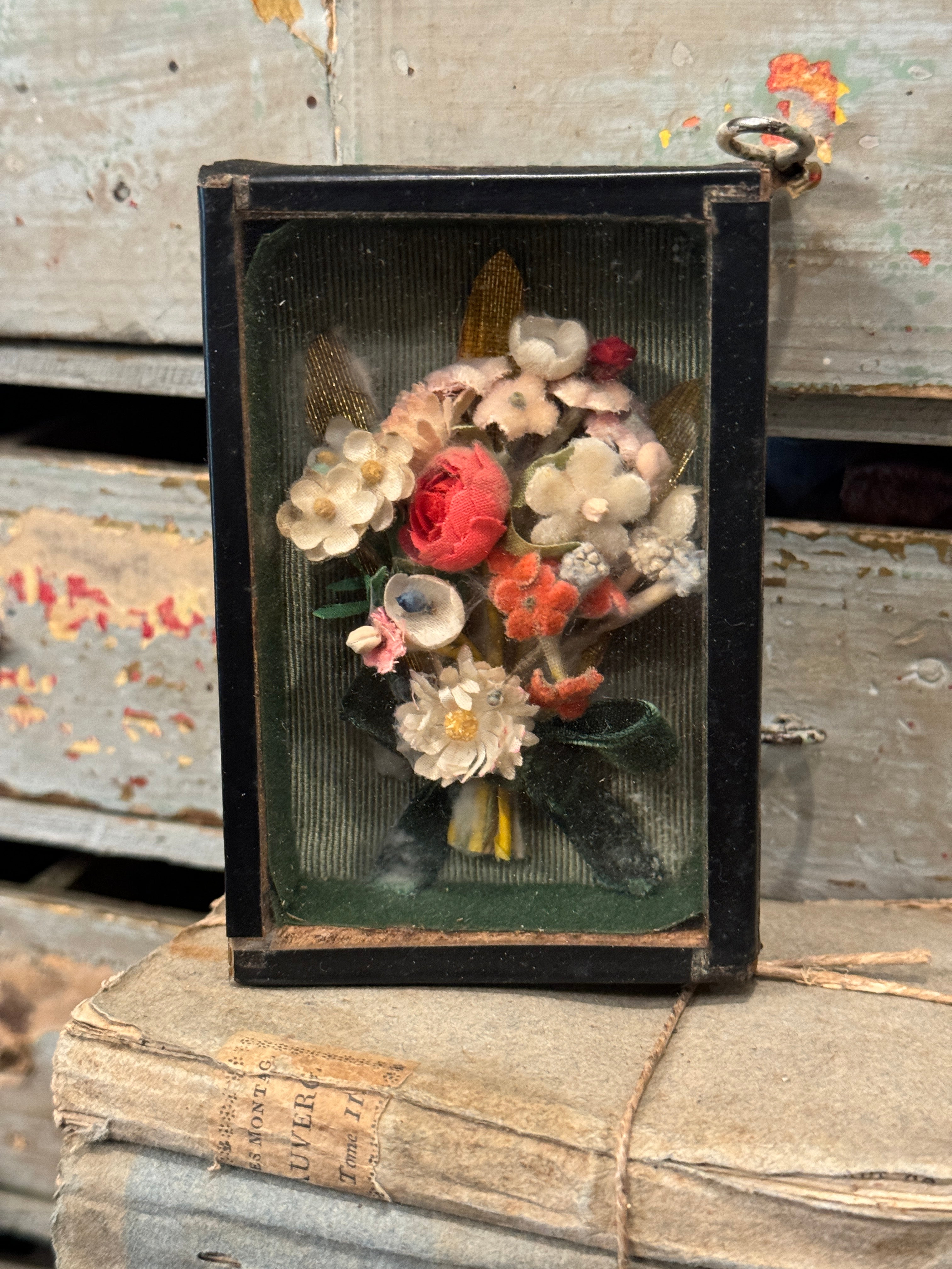 Antique French Silk Flowers in Reliquary Box