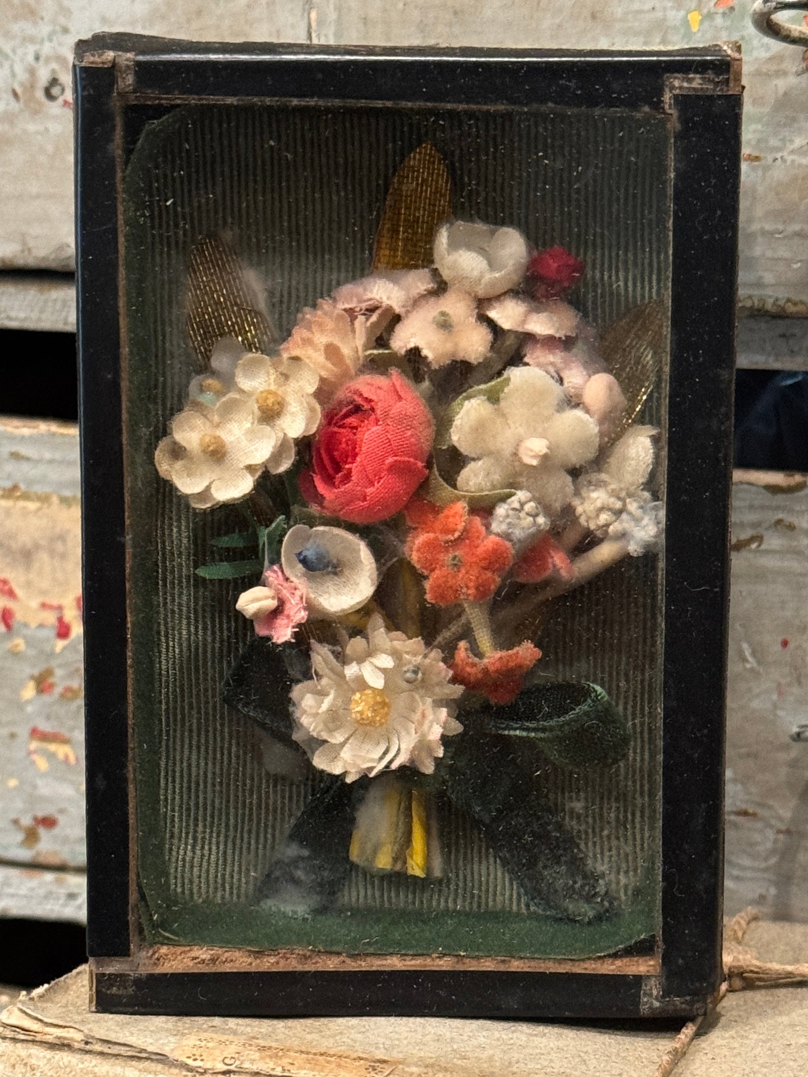 Antique French Silk Flowers in Reliquary Box