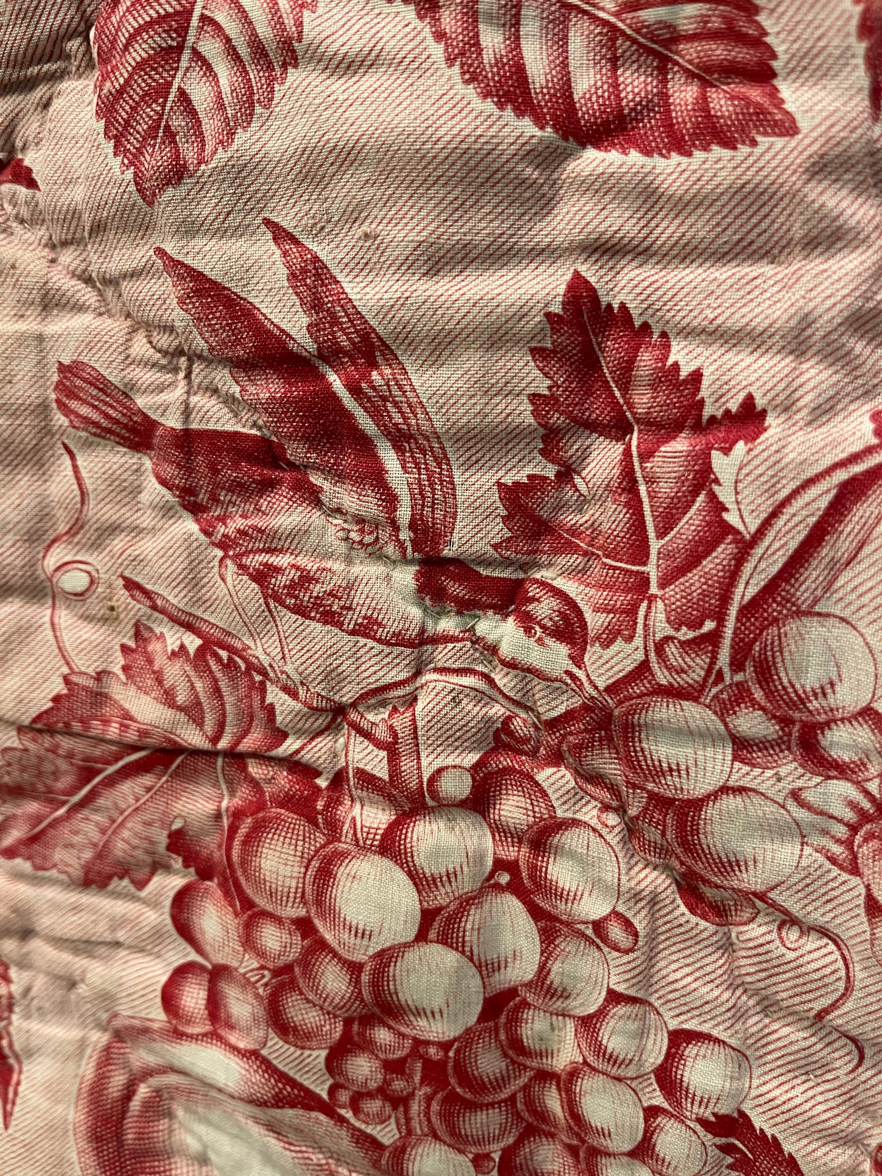 Antique French Hand Quilted Birds and Fruit Red Toile - 1800's